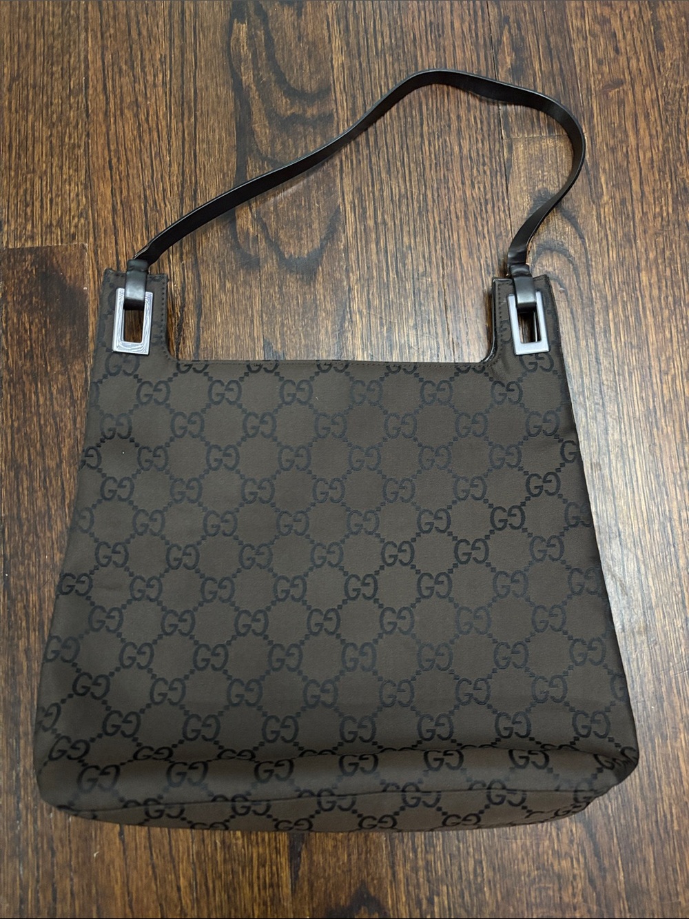 Gucci Dark Brown GG Canvas Shoulder Bag with Silver Hardware